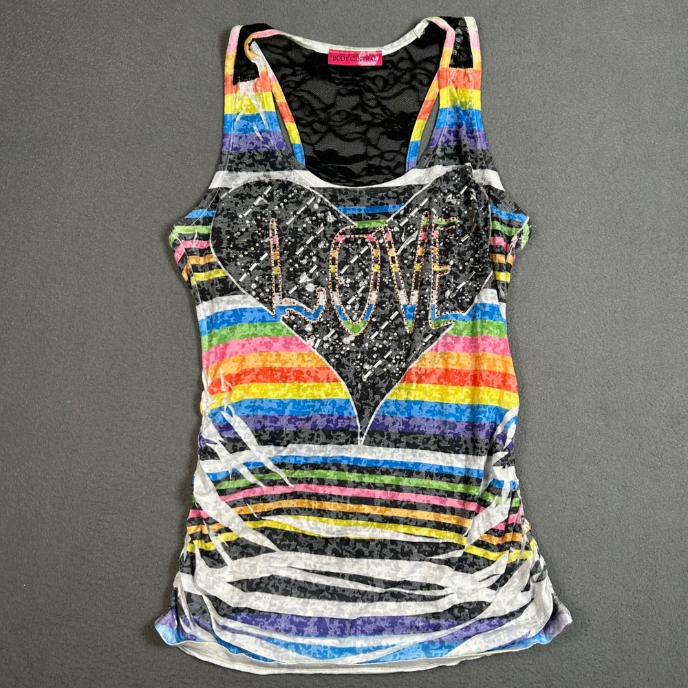 Body Central Tank Top Women S Multicolor Rainbow Love Heart Rhinestone Lace Back